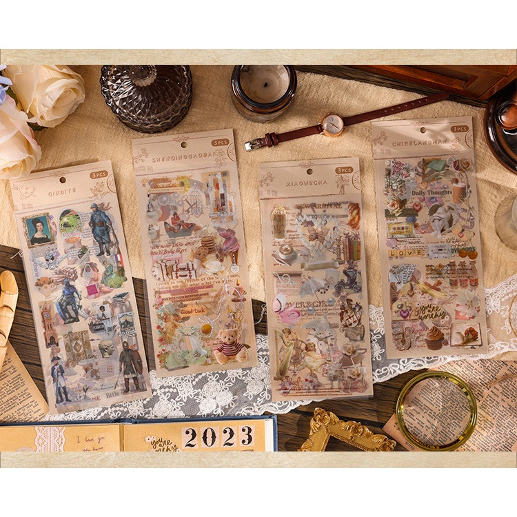 Set 3 tấm sticker THẾ GIỚI ĐỒ VẬT VINTAGE RETRO CỔ ĐIỂN HOÀI CỔ LIFESTYLE dùng dán sổ Bullet Journal, decor thư thiệp