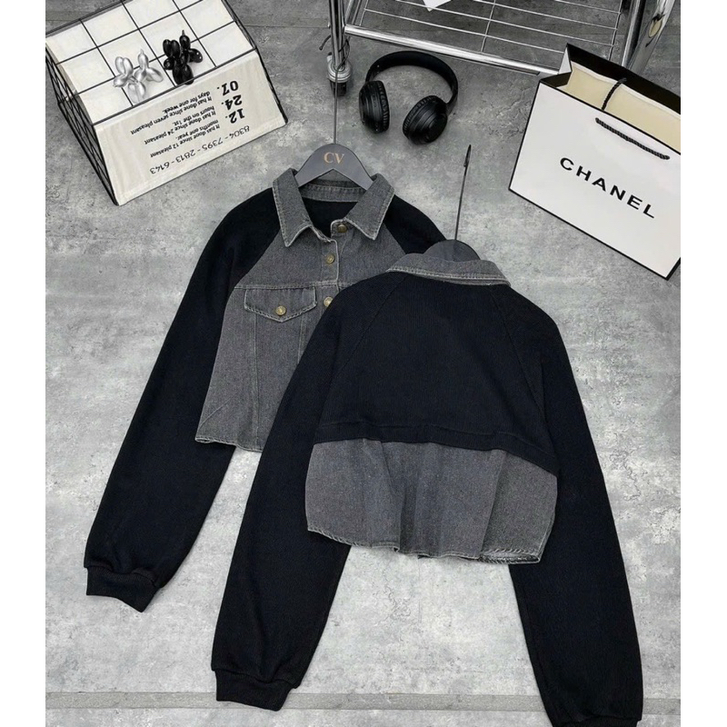 Áo khoác croptop jean phối tay nỉ