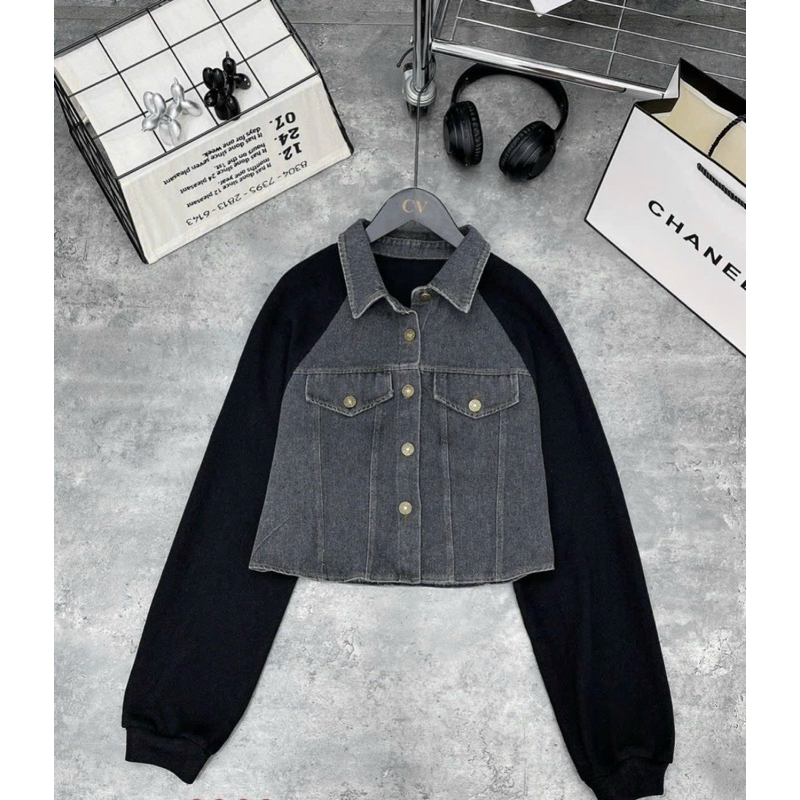 Áo khoác croptop jean phối tay nỉ