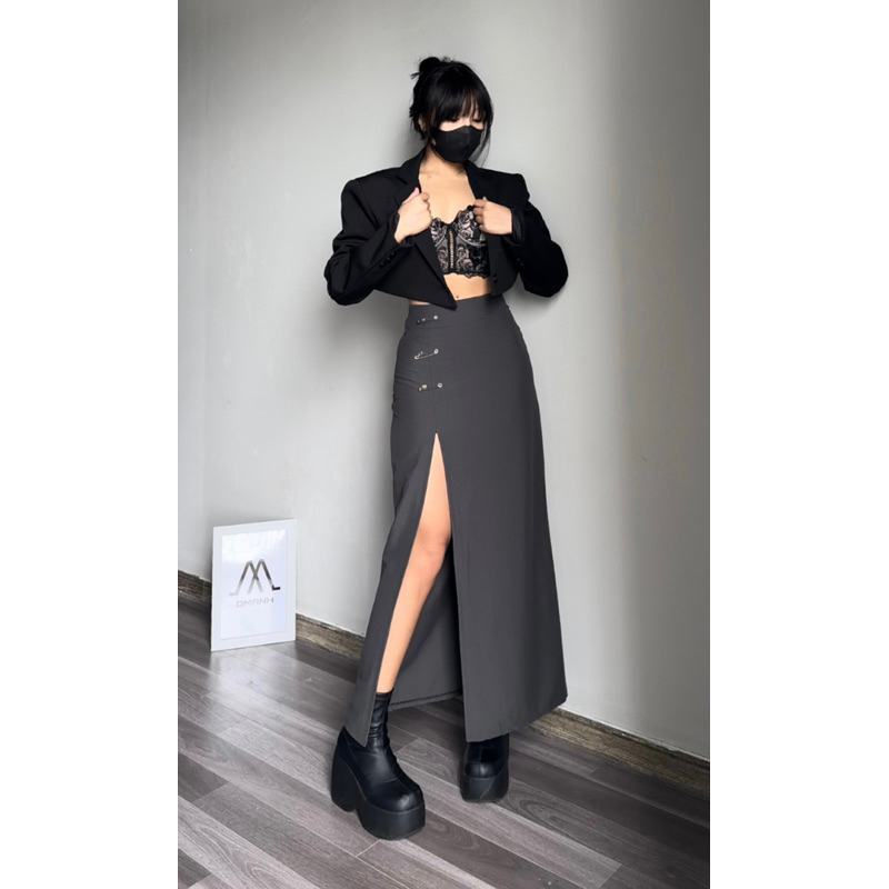 𝐃𝐦𝐚𝐧𝐡 - V5 Chân váy Ghim Băng Xẻ Tà SIÊU DÀI Xám Đậm 95cm 105cm