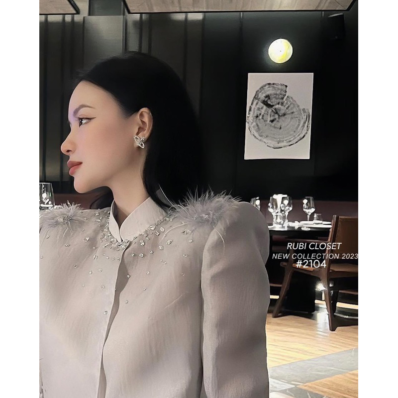 Áo vest sơ mi vai lông đính đá siêu hot