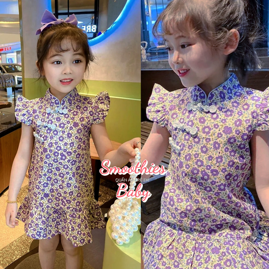 ÁO SƯỜN XÁM CÁCH TÂN BÉ GÁI SIÊU XINH - Đầm kiểu trung hoa 15-23 kg