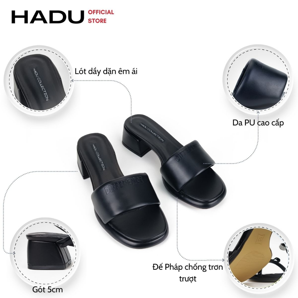 Dép Cao Gót Đế Vuông 5P Quai Bản Ngang DIFFERENT HADU MD154, Da PU Cao Cấp, BH 24T