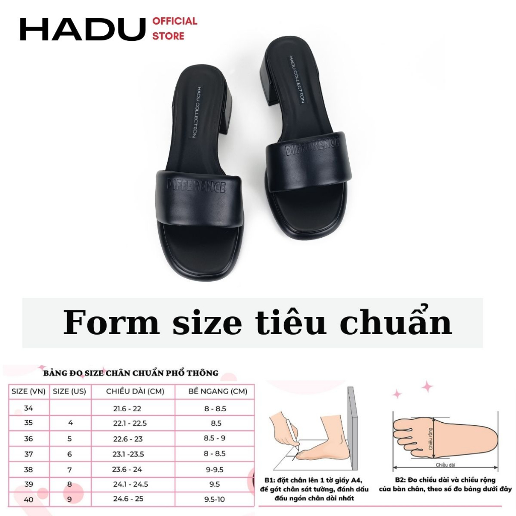 Dép Cao Gót Đế Vuông 5P Quai Bản Ngang DIFFERENT HADU MD154, Da PU Cao Cấp, BH 24T