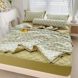 Bộ 5 món chăn ga gối cotton đũi Vintage hàn Hàn Quốc cao cấp, Set chăn ga bo chun đệm gọn gàng đệm 25cm