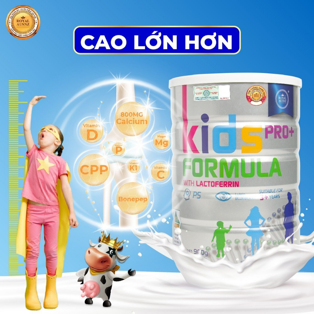 Sữa Hoàng Gia Úc Tăng Chiều Cao ROYAL AUSNZ Kids Pro+ With Lactoferrin Bổ Sung Dưỡng Chất Cho Trẻ Từ 3 – 18 Tuổi Hộp