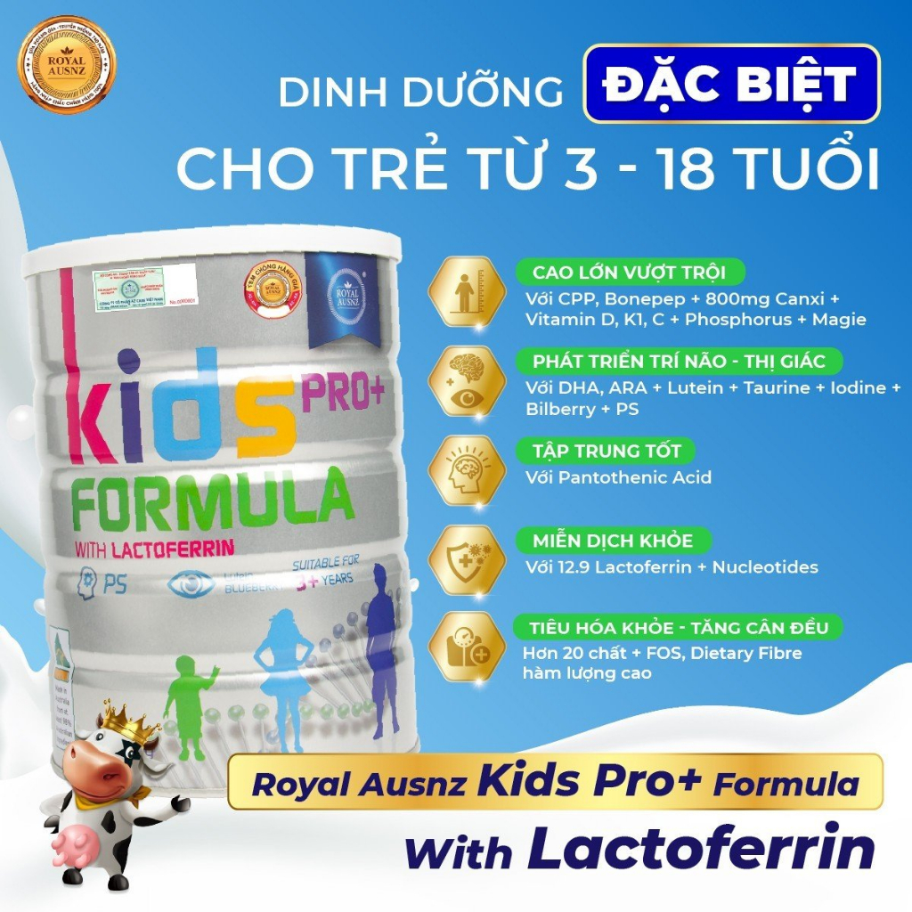 Sữa Hoàng Gia Úc Tăng Chiều Cao ROYAL AUSNZ Kids Pro+ With Lactoferrin Bổ Sung Dưỡng Chất Cho Trẻ Từ 3 – 18 Tuổi Hộp