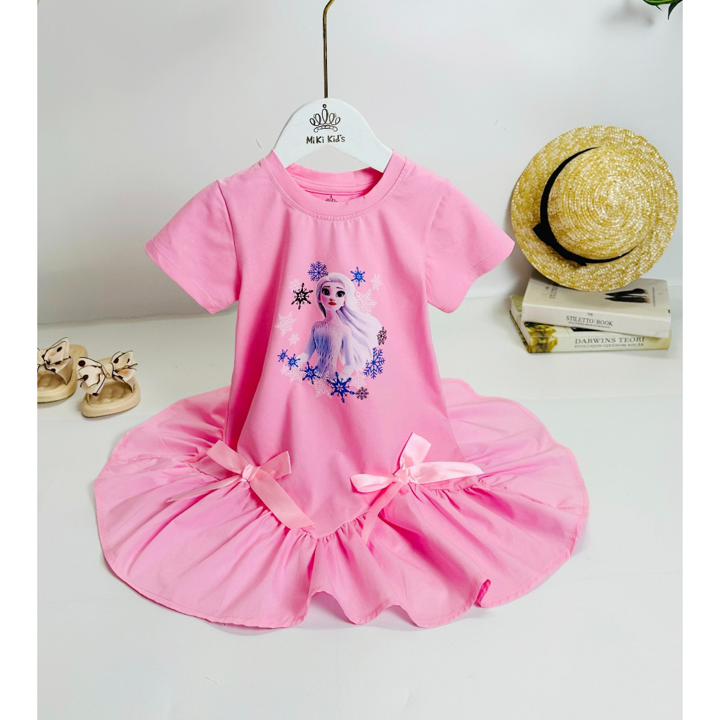 Váy công chúa Elsa chất thun cotton siêu mềm mát, đầm thun in hình Elsa dễ thương cho bé gái từ 3 -10 tuổi