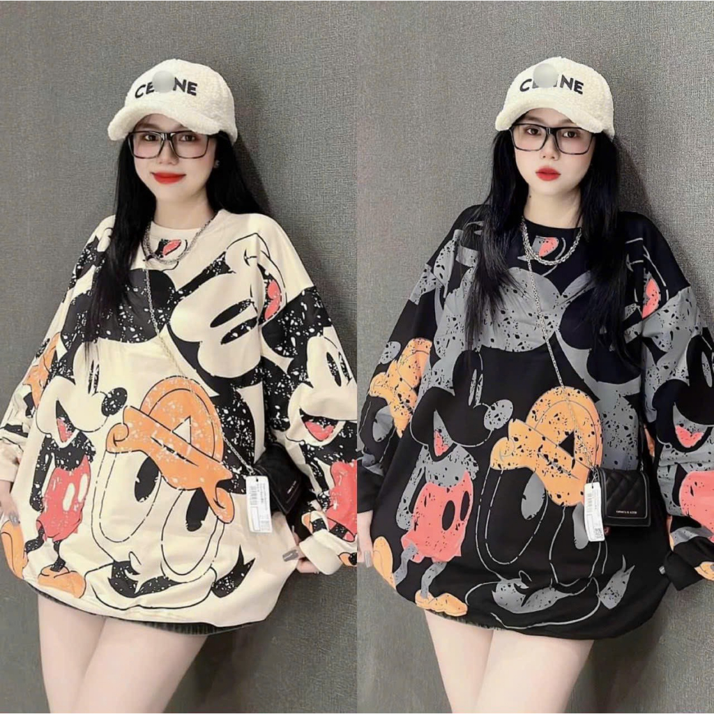 Áo thun nỉ dài tay in hình  MICKY, áo in toàn thân chất Nỉ Tàu xịn
