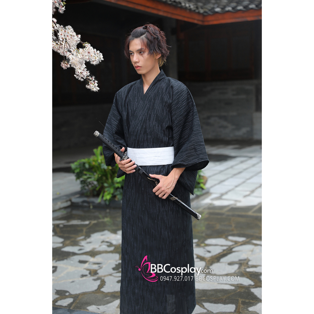 Yukata Nam Nữ Nền Đen Obi Trắng - 4689