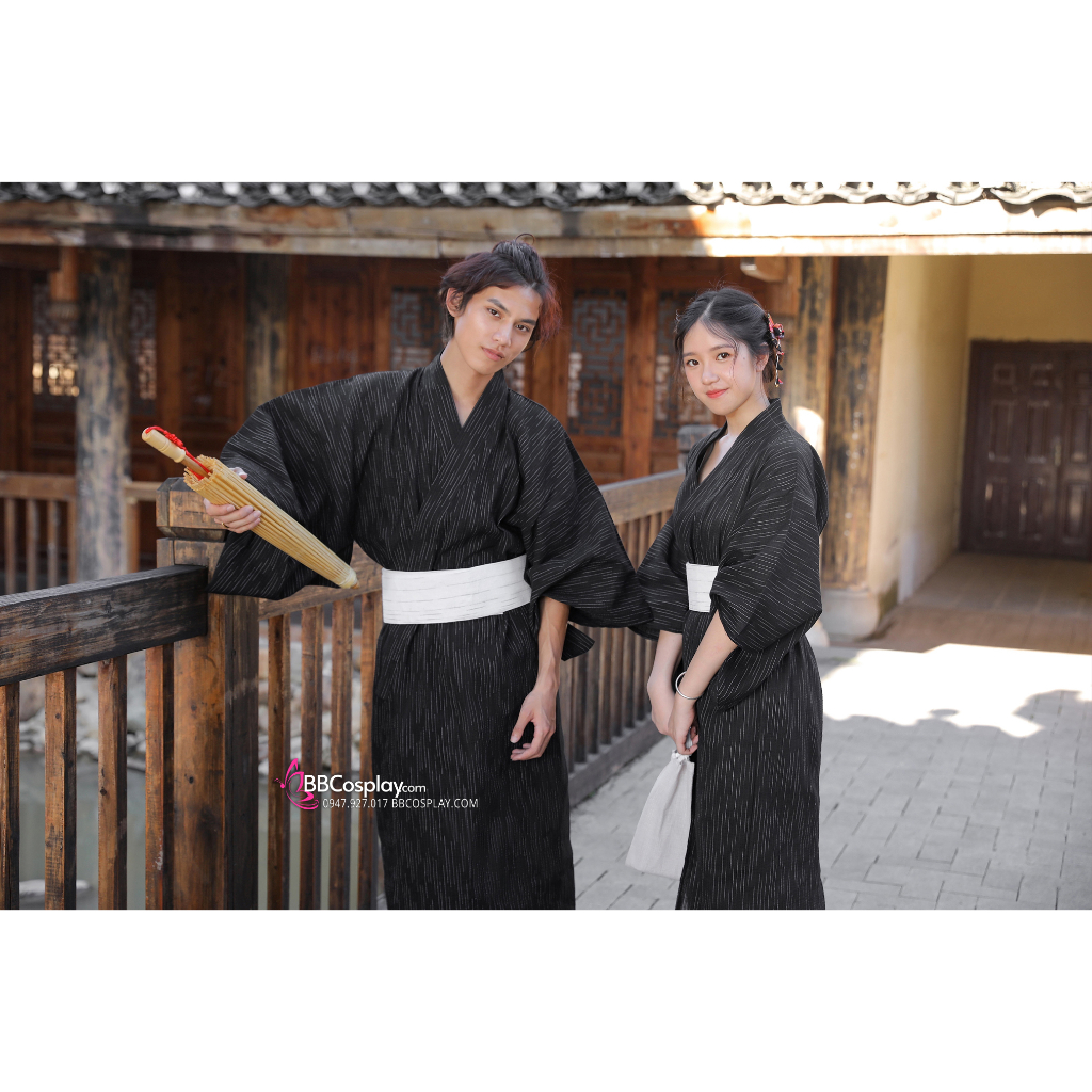 Yukata Nam Nữ Nền Đen Obi Trắng - 4689