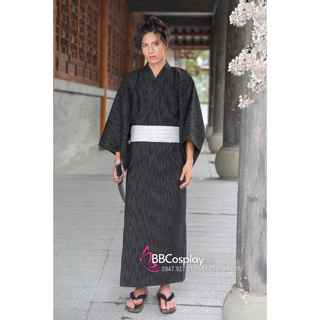 Yukata Nam Nữ Nền Đen Obi Trắng - 4689