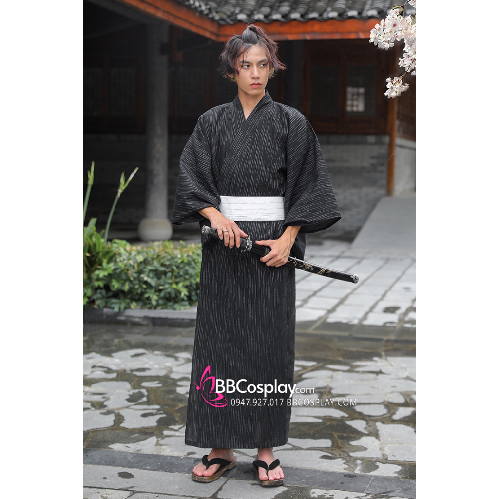 Yukata Nam Nữ Nền Đen Obi Trắng - 4689