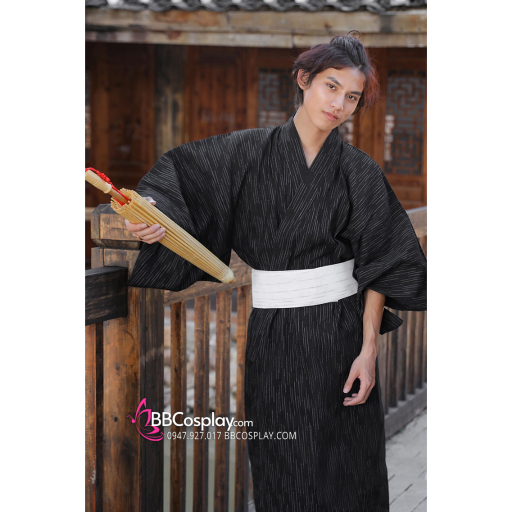 Yukata Nam Nữ Nền Đen Obi Trắng - 4689