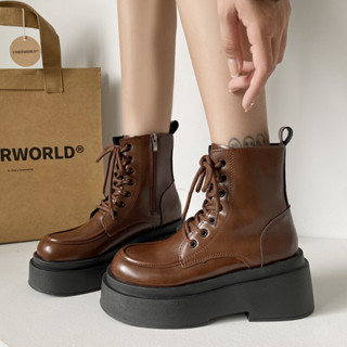 [ Đen - Nâu ] Giày boost bốt nữ cổ cao buộc dây đế độn cao 7 phân da trơn mịn phong cách cá tính