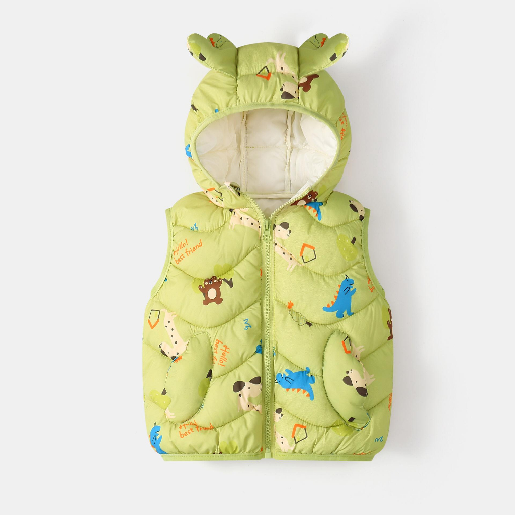 Áo khoác trẻ em, Áo phao gile họa tiết  có mũ Quảng Châu mẫu mới 2023