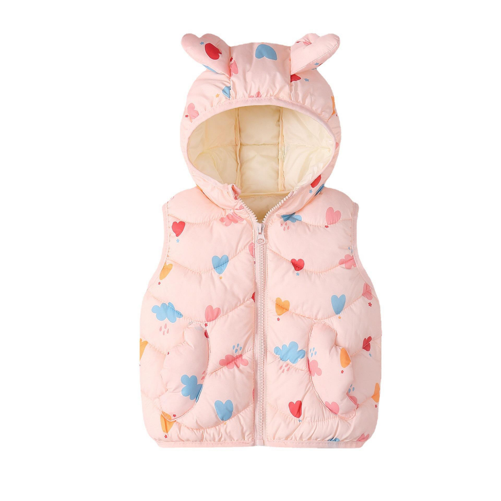 Áo khoác trẻ em, Áo phao gile họa tiết  có mũ Quảng Châu mẫu mới 2023