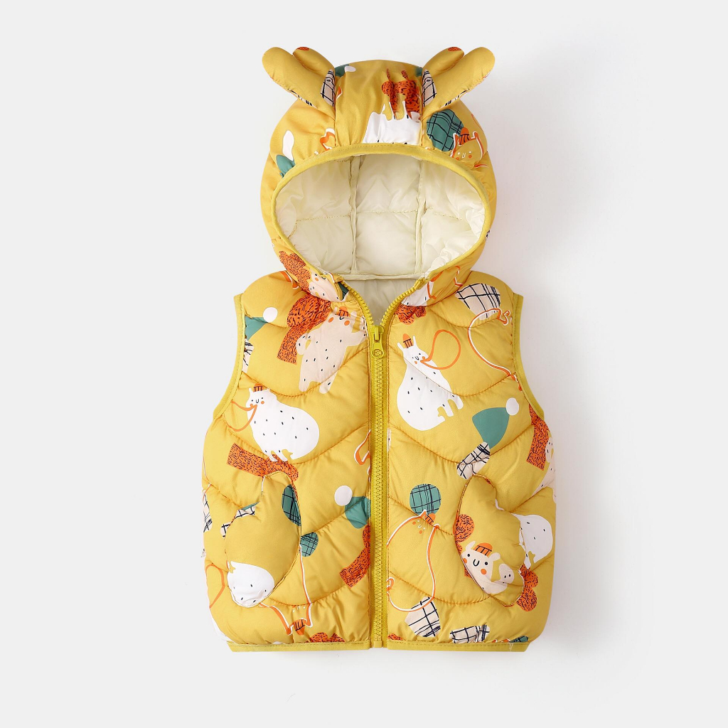 Áo khoác trẻ em, Áo phao gile họa tiết  có mũ Quảng Châu mẫu mới 2023