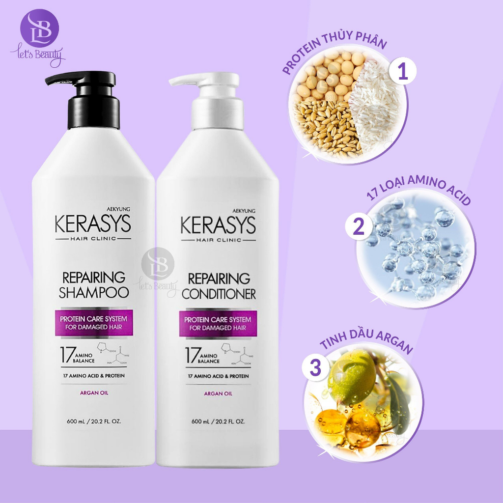 Cặp dầu gội xả Kerasys Repairing Hàn Quốc phục hồi độ bóng, tăng cường chống tia UV cho tóc hư tổn, chẻ ngọn 600ml