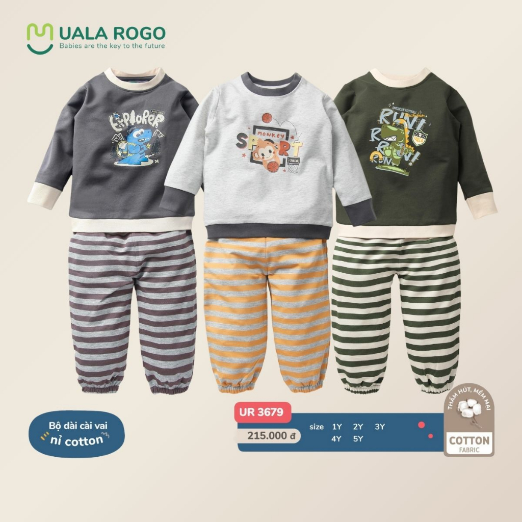 Bộ thu đông cho bé Ualarogo 1 - 5 tuổi vải Cotton nỉ dài tay cổ tròn bo ống giữ ấm mềm mại thoáng khí 3679