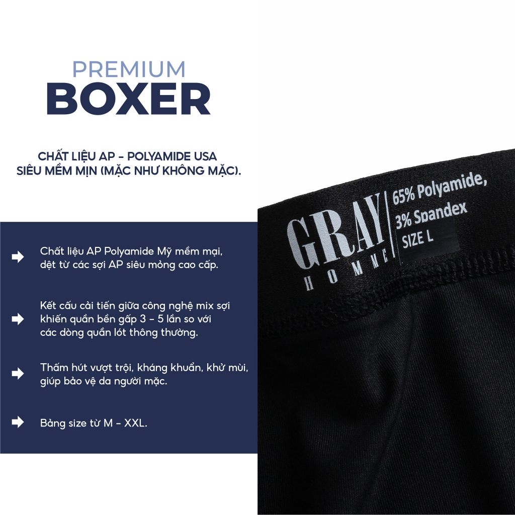 Quần sịp đùi Boxer nam GRAYHOMME vải dệt kim kháng khuẩn thấm hút cao cấp 100% thông hơi thoáng khí (SIP UP303)