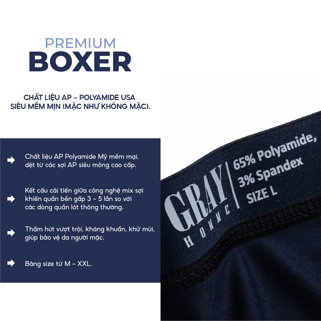 COMBO 3 Quần sịp đùi Boxer nam GRAYHOMME vải dệt kim kháng khuẩn thấm hút cao cấp 100% thông hơi thoáng khí (CB 3 UP303)