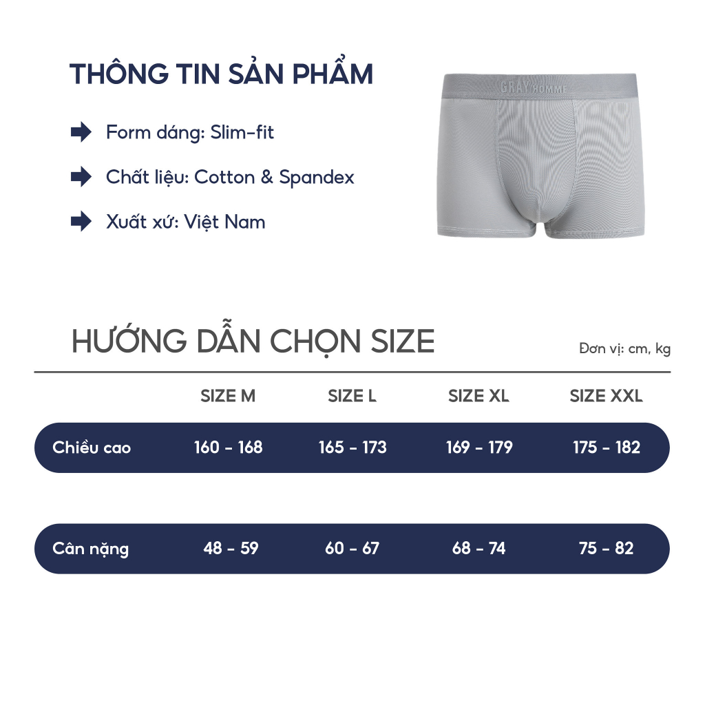 Quần sịp đùi Boxer nam GRAYHOMME vải dệt kim kháng khuẩn thấm hút cao cấp 100% thông hơi thoáng khí UP303