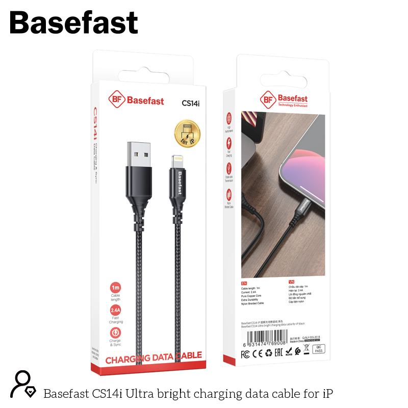 Cáp dù sạc nhanh 2.4A lP Basefast CS14i thiết kế siều bền, tiện lợi cáp dù chống rối dành cho lP xsm 11 12 13....