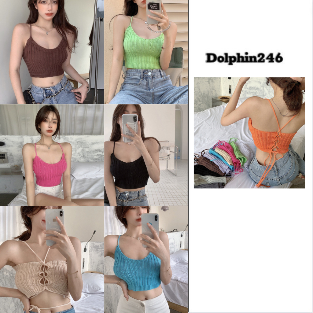 Áo dệt kim croptop dáng ngắn hai dây cổ yếm áo lửng dáng ôm chất len tăm mùa hè đan dây sexy dễ phối đồ M190 K2-6