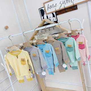 <8-18kg> Set bộ thun lạnh Minkey Mom loại 1, co giãn thấm hút mồ hôi, kẻ sọc nhí, áo phối túi kèm hình gấu may nổi xinh