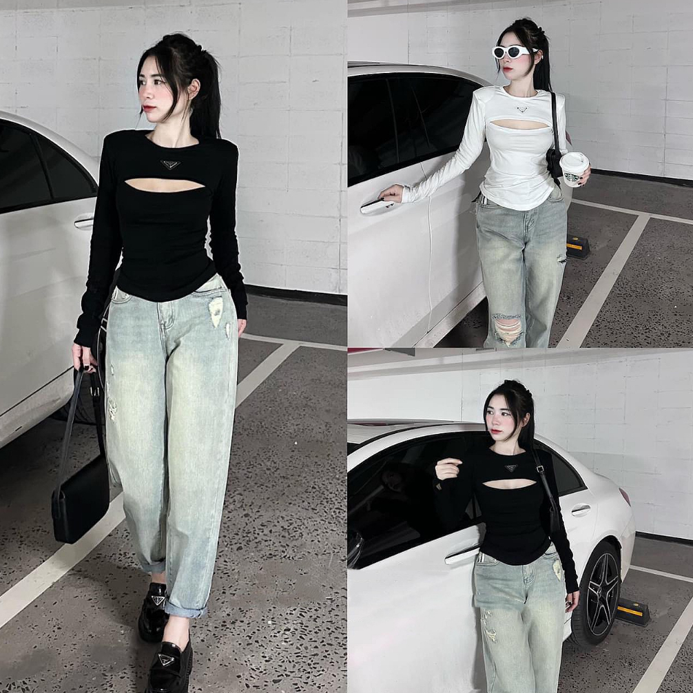 Áo kiểu dài tay chất thun zip xẻ V1 có đệm vai - A60