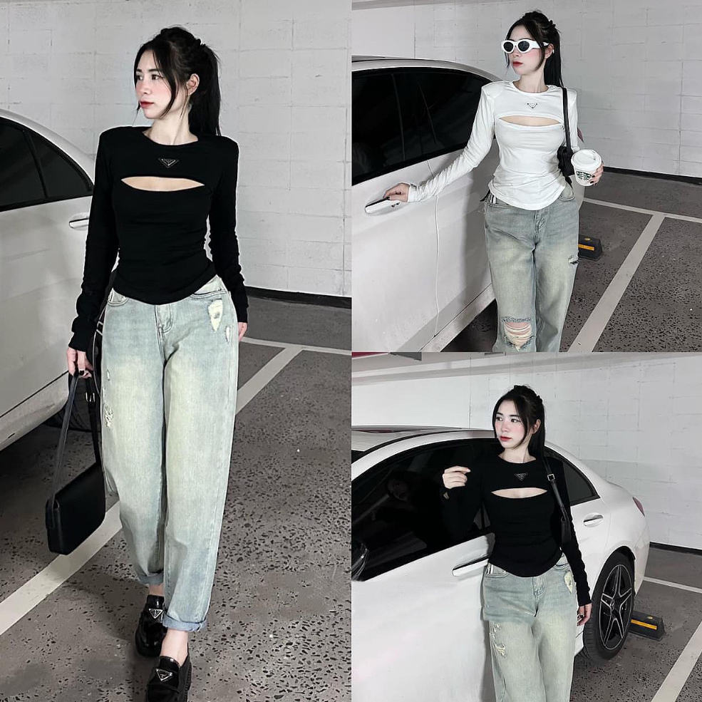 Áo kiểu dài tay chất thun zip xẻ V1 có đệm vai - A60