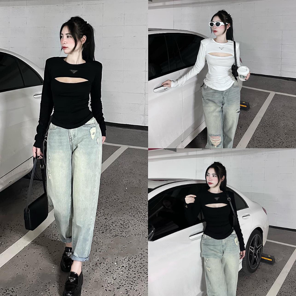 Áo kiểu dài tay chất thun zip xẻ V1 có đệm vai - A60