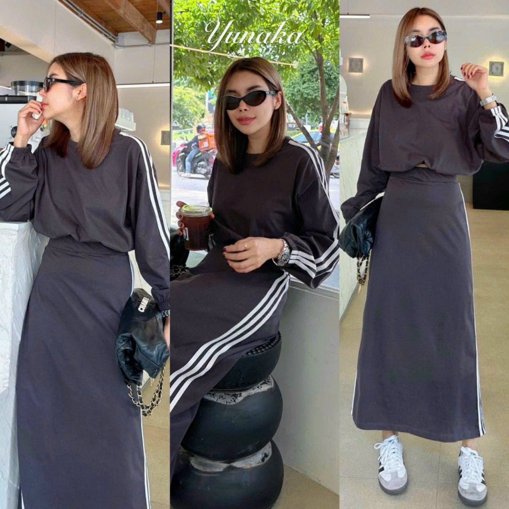 Sét đồ nữ áo tay dài mix chân váy cùng tông phối viền siêu xinh