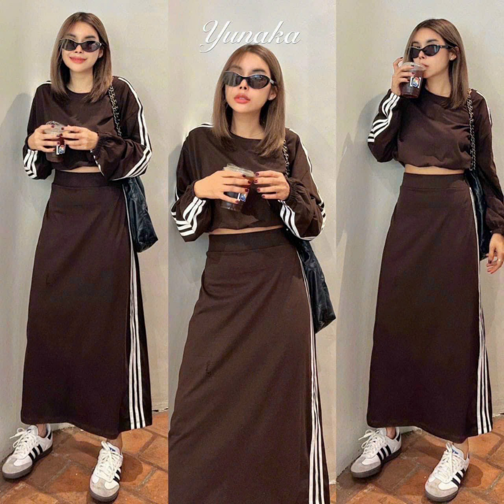 Sét đồ nữ áo tay dài mix chân váy cùng tông phối viền siêu xinh