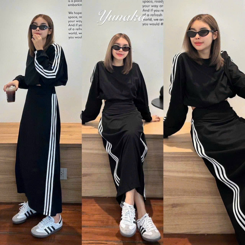 Sét đồ nữ áo tay dài mix chân váy cùng tông phối viền siêu xinh