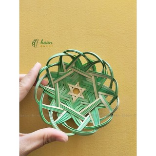 Đĩa tre hoa xanh; Rế tre mini decor, trang trí