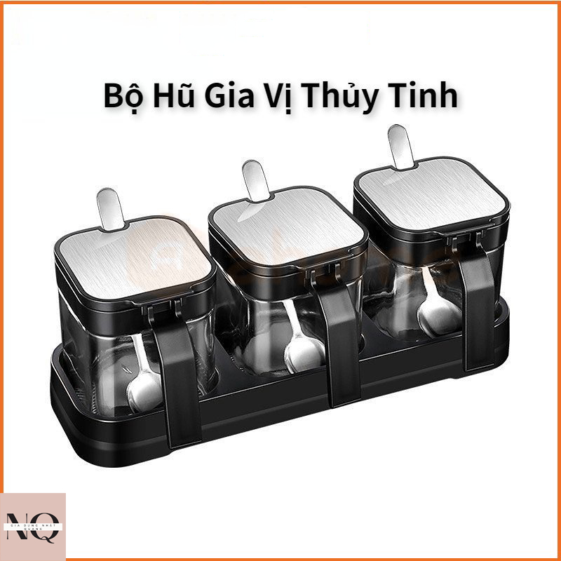 Hũ Thủy Tinh Đựng Gia Vị Dày Dặn Nắp Bật INOX 304 Dạng Vuông,Có Thìa Múc Kèm Khay Đựng Phong Cách Nhật Bản Tinh Tế