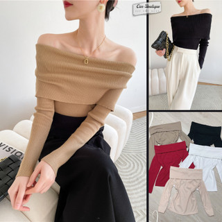 Áo thun kiểu trễ vai dài tay áo gân tăm bệt vai dáng ôm xinh xắn Cun Boutique
