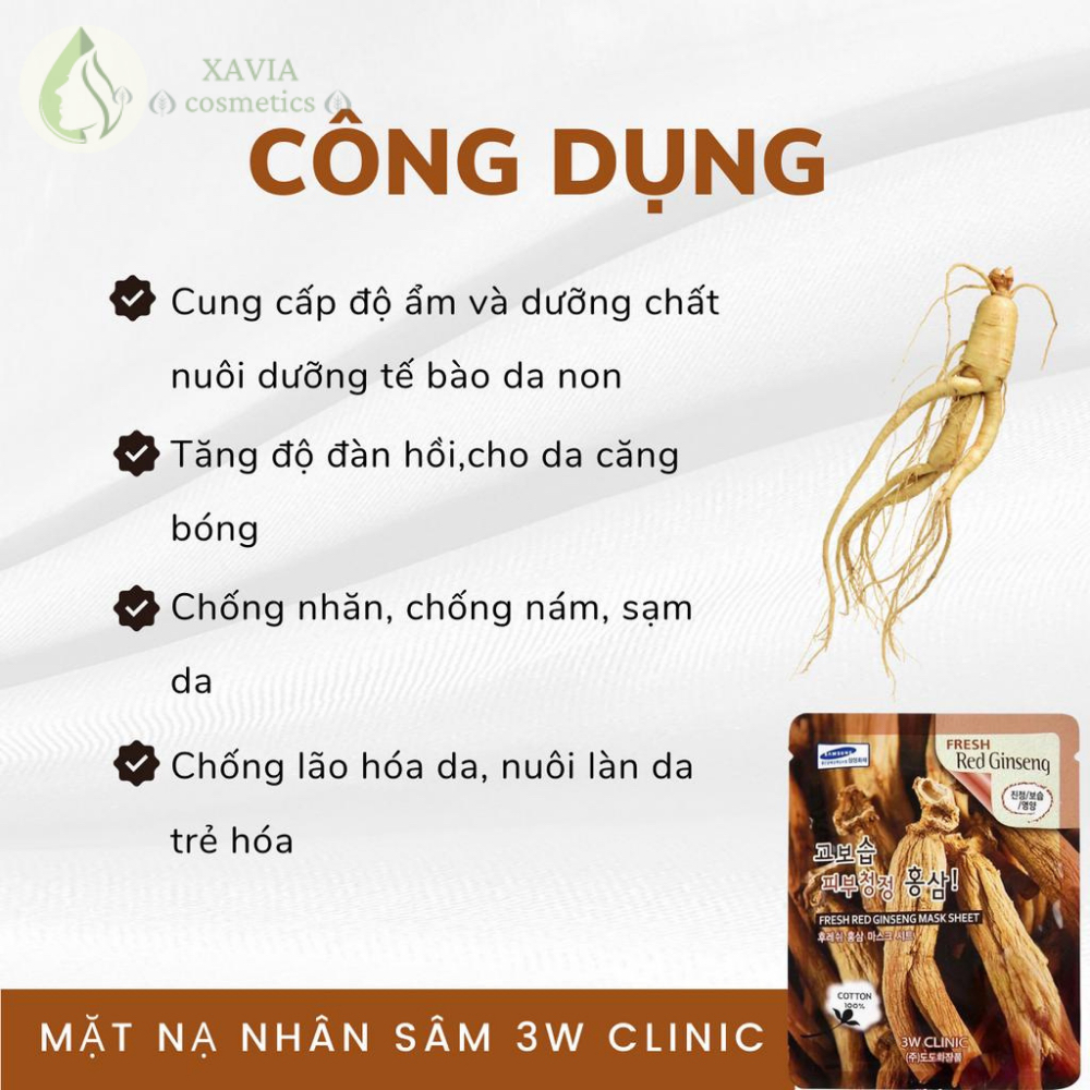 Mặt nạ giấy hồng sâm Hàn Quốc 3W CLINIC, Dưỡng da, Dưỡng ẩm chiết xuất từ nhân sâm chống lão hoá - XAVIA COSMETICS