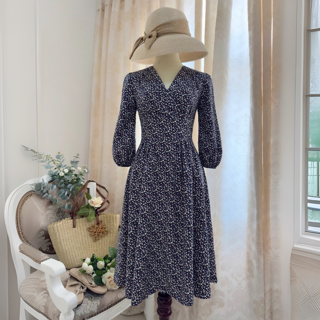 Đầm cổ tim nẹp tay lửng tùng xếp pli _ D3.865 _ Xanh Đen Bông Ngò