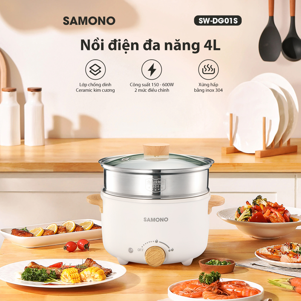 Samono Nồi điện đa năng 4L 600W, nấu/xào/chiên/luộc, 2 mức điều chỉnh, lòng nồi 1.5L chống dính SW-DG01S