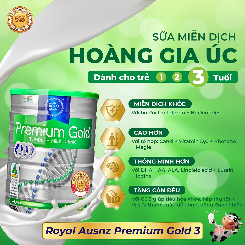 Sữa Bột Hoàng Gia Úc ROYAL AUSNZ Premium Gold Số 3 Bổ Sung Vitamin, Khoáng Chất Cho Trẻ 900g