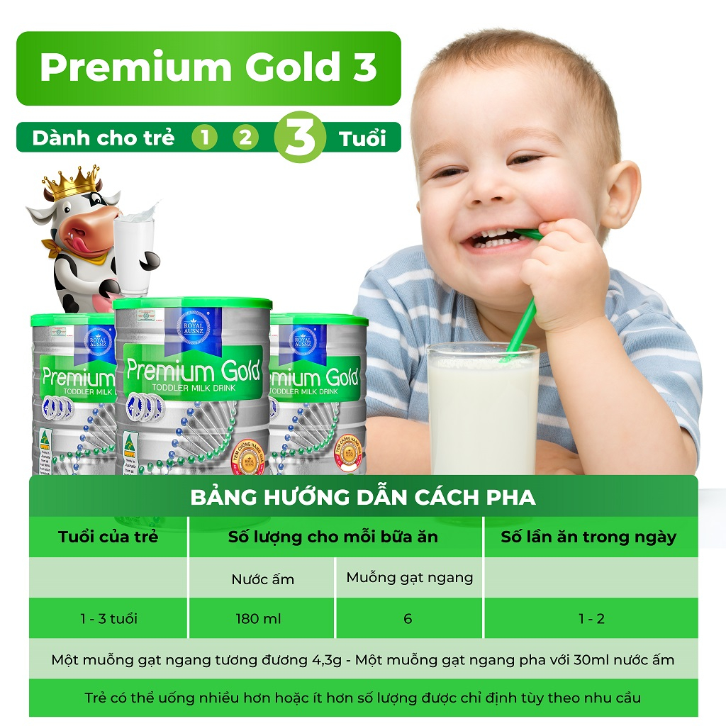 Sữa Bột Hoàng Gia Úc ROYAL AUSNZ Premium Gold Số 3 Bổ Sung Vitamin, Khoáng Chất Cho Trẻ 900g