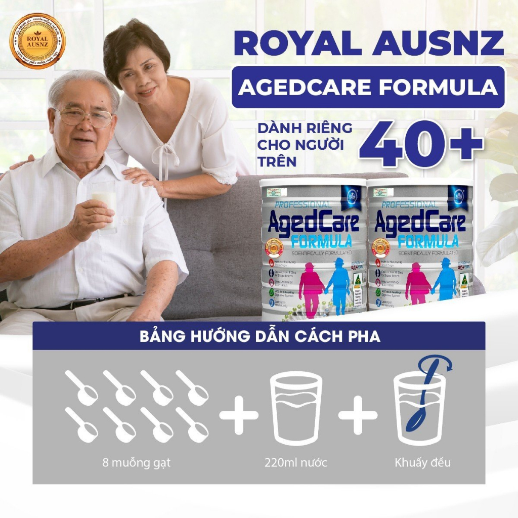 Sữa Bột Người Già Royal AUSNZ Aged Care Formula Giảm Mỡ Máu, Ngừa Loãng Xương Cho Người Trên 40 Tuổi Hộp 900g