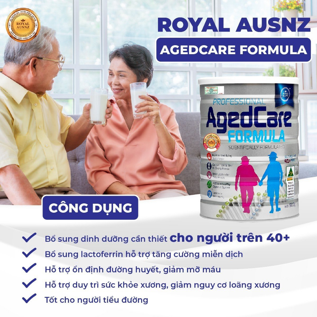 Sữa Bột Người Già Royal AUSNZ Aged Care Formula Giảm Mỡ Máu, Ngừa Loãng Xương Cho Người Trên 40 Tuổi Hộp 900g