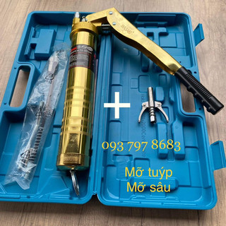 Bơm mỡ 2 ty hộp nhựa 900cc kèm đầu kẹp bơm mỡ, đầu bơm mỡ