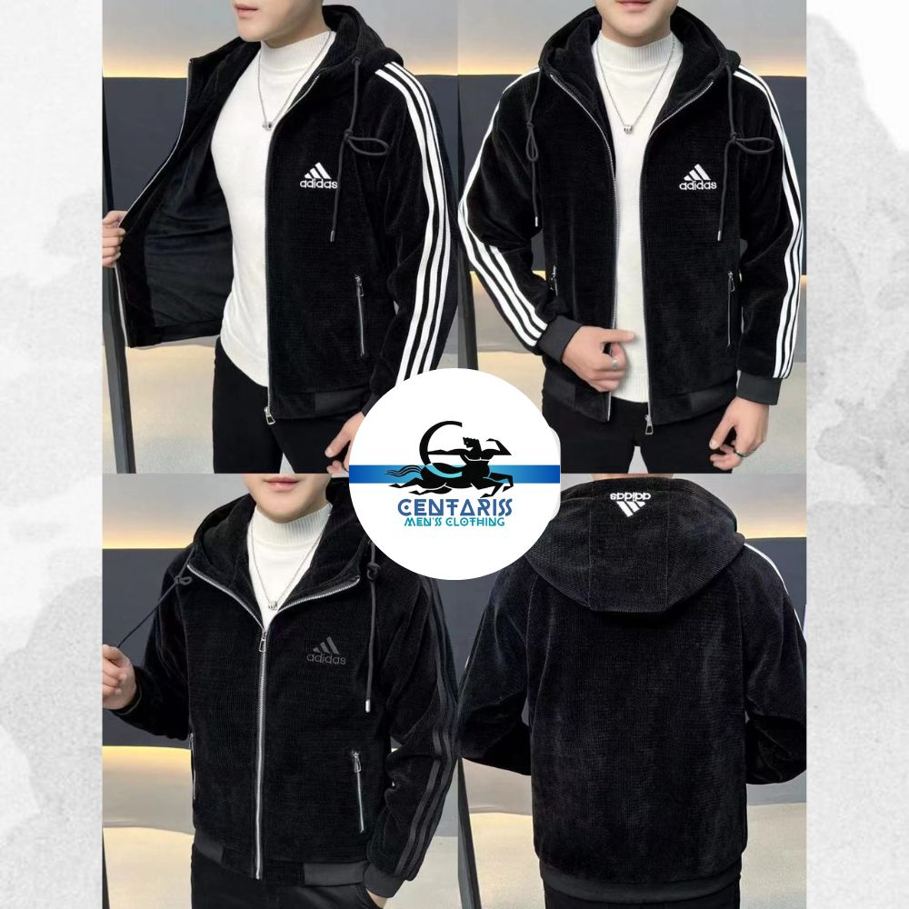 Áo Khoác Jacket Thêu Logo ADIDAZ Phối Sọc Tay Áo, Chất Vải Nhung Dày Dặn, Có Mũ Chùm Đầu, Sử Dụng Khóa Kéo Zip