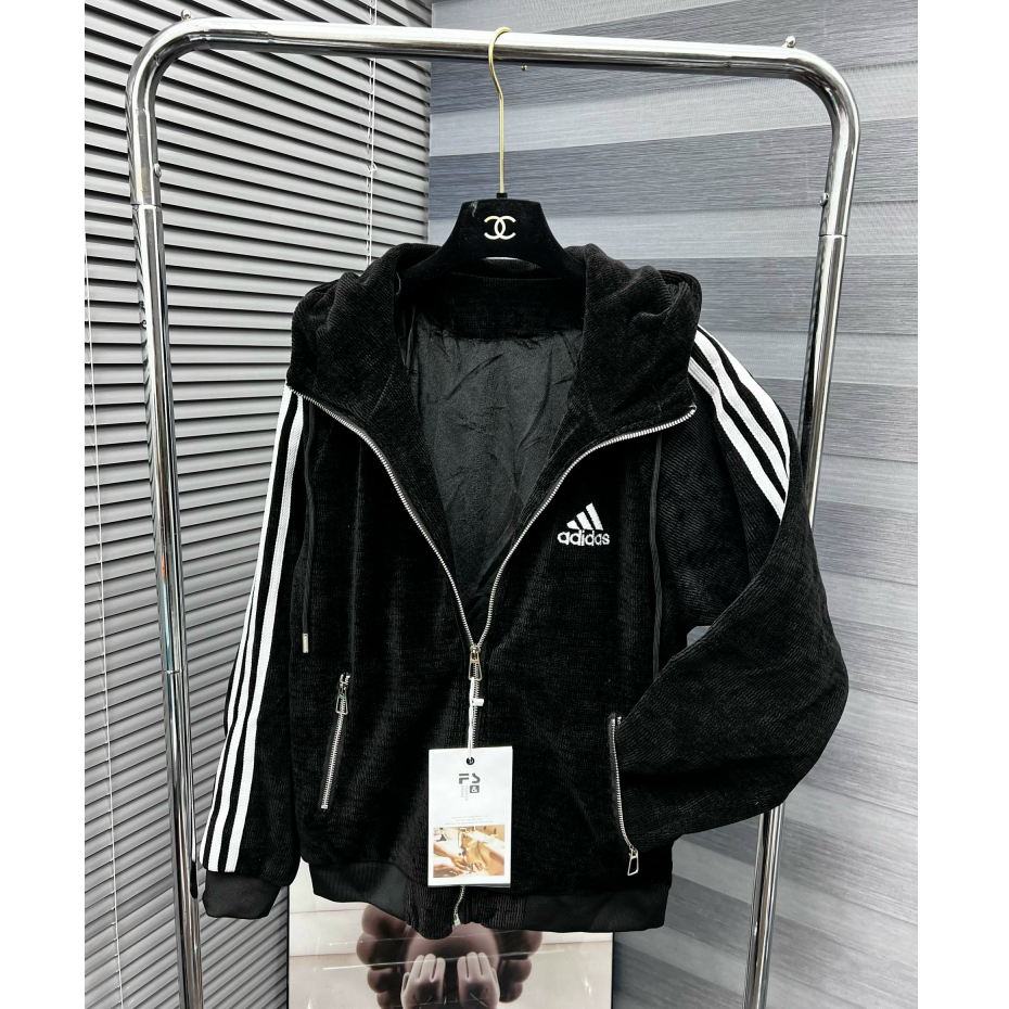 Áo Khoác Jacket Thêu Logo ADIDAZ Phối Sọc Tay Áo, Chất Vải Nhung Dày Dặn, Có Mũ Chùm Đầu, Sử Dụng Khóa Kéo Zip
