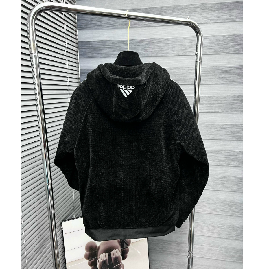 Áo Khoác Jacket Thêu Logo ADIDAZ Phối Sọc Tay Áo, Chất Vải Nhung Dày Dặn, Có Mũ Chùm Đầu, Sử Dụng Khóa Kéo Zip